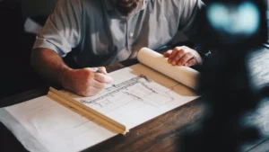 An author architecting the foundation of a story, representing the craft of Storyology.