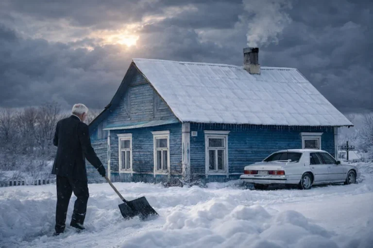 A man shoveling snow in front of a small house on a winter day
